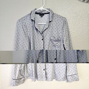 Tahari Pajama Set Women Sz L Gray Polka Dot Button Front Long Sleeve Lounge M768